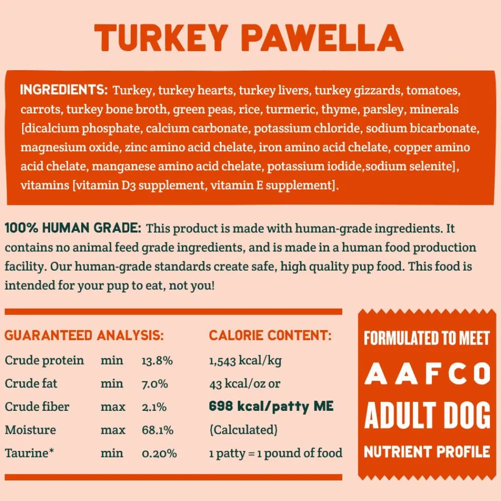 A Pup Above Frozen Food^Turkey Pawella Friendly Grains Gently Cooked Dog Food, 1-lb