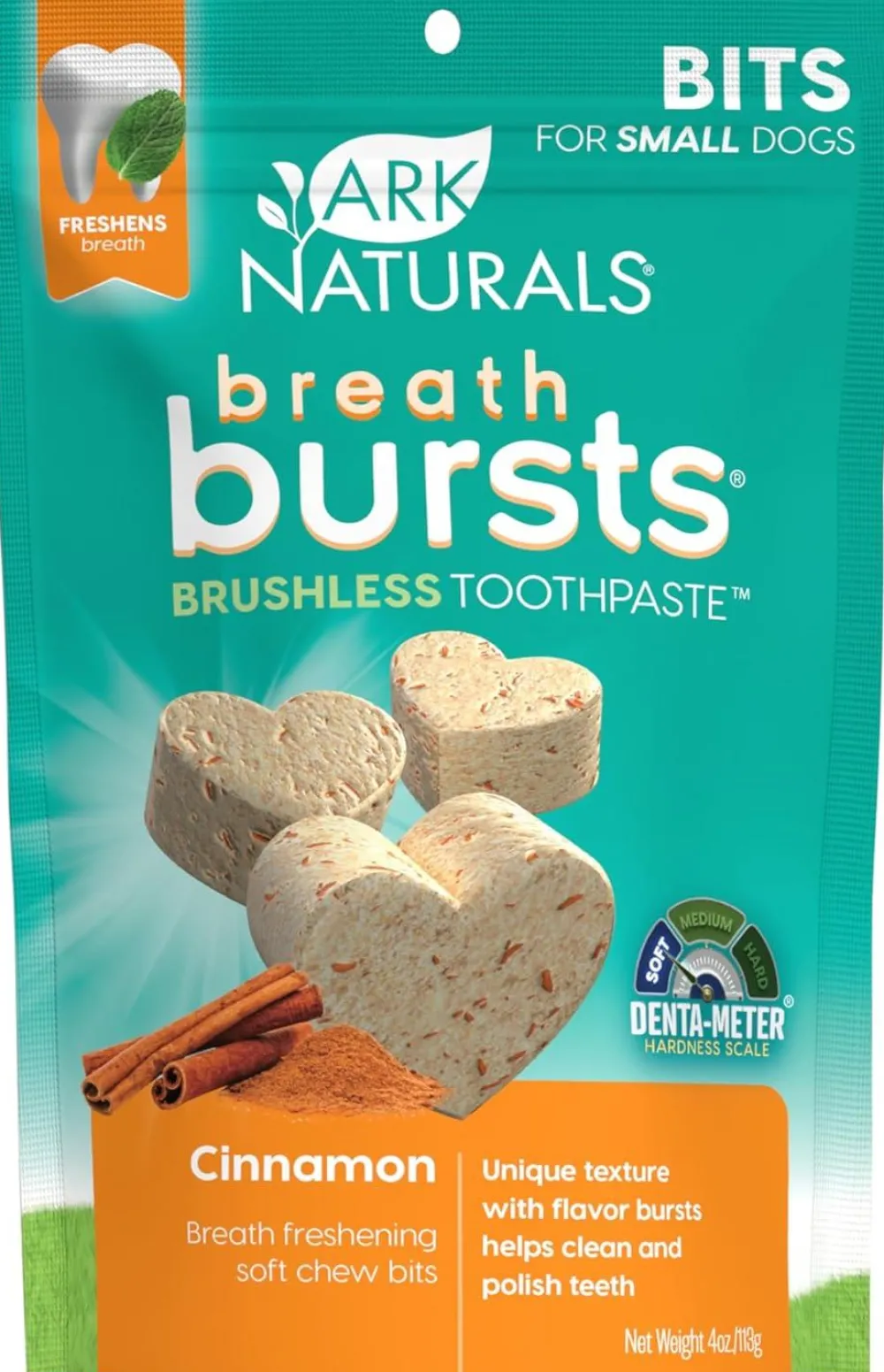 Ark Naturals Dental & Hard Chews^Breath Bursts Bits Brushless Toothpaste Dog Treats, 4-oz