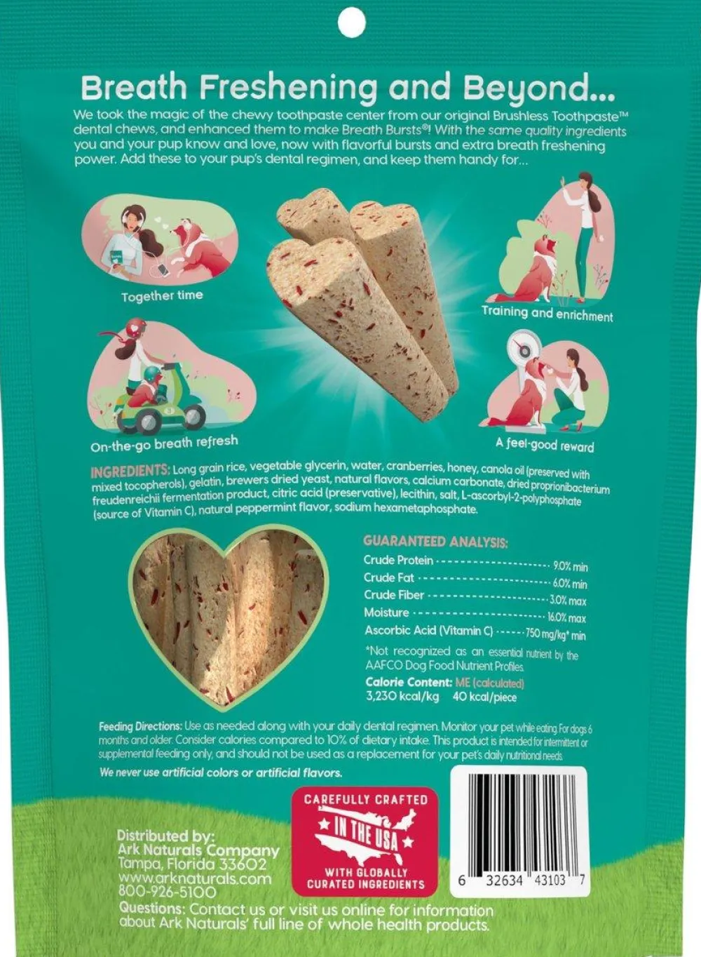 Ark Naturals Dental & Hard Chews^Breath Bursts Peppermint Sticks Dental Dog Treats, 6-oz