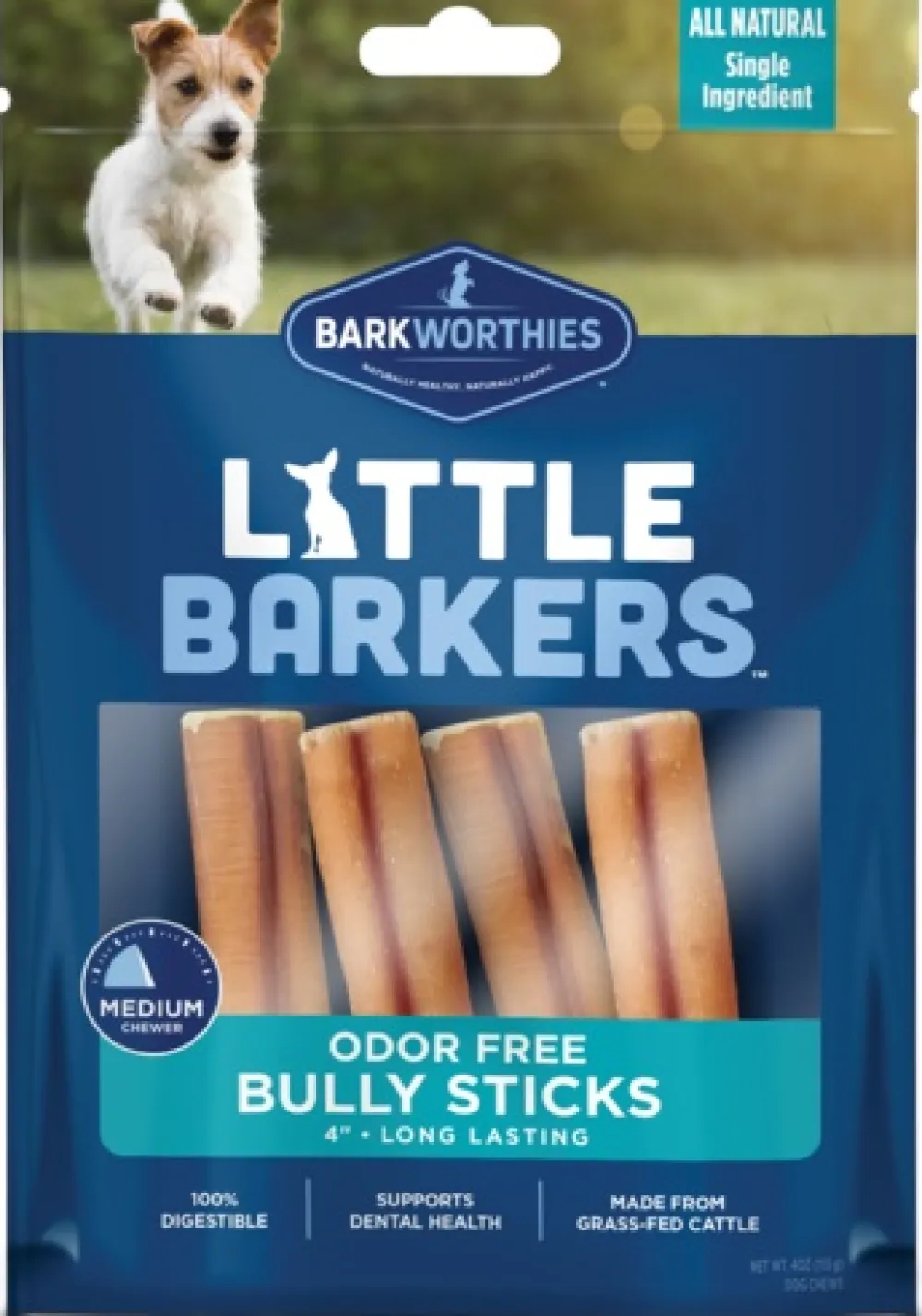 Barkworthies Bully Sticks & Natural Chews^Little Barkers Odor-Free Bully Sticks Dog Treats, 4-in, 4-pack