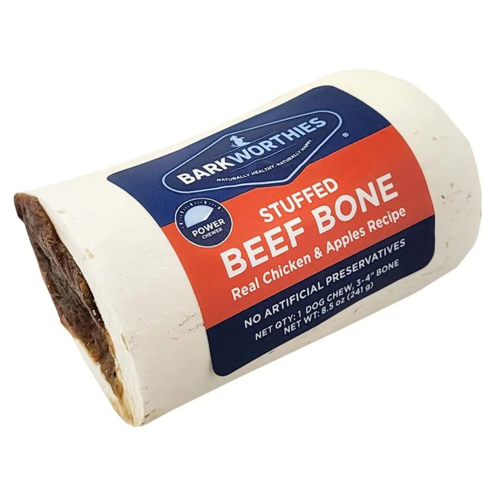 Barkworthies Bully Sticks & Natural Chews^Stuffed Beef Bone Chicken & Apple Dog Treats, 3-4-in