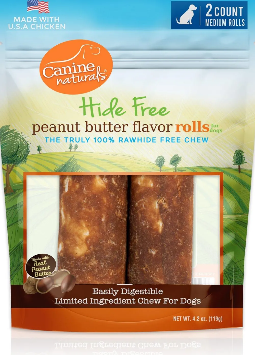 Canine Naturals Bully Sticks & Natural Chews^Peanut Butter Roll Dog Treats, Medium, 2-pk
