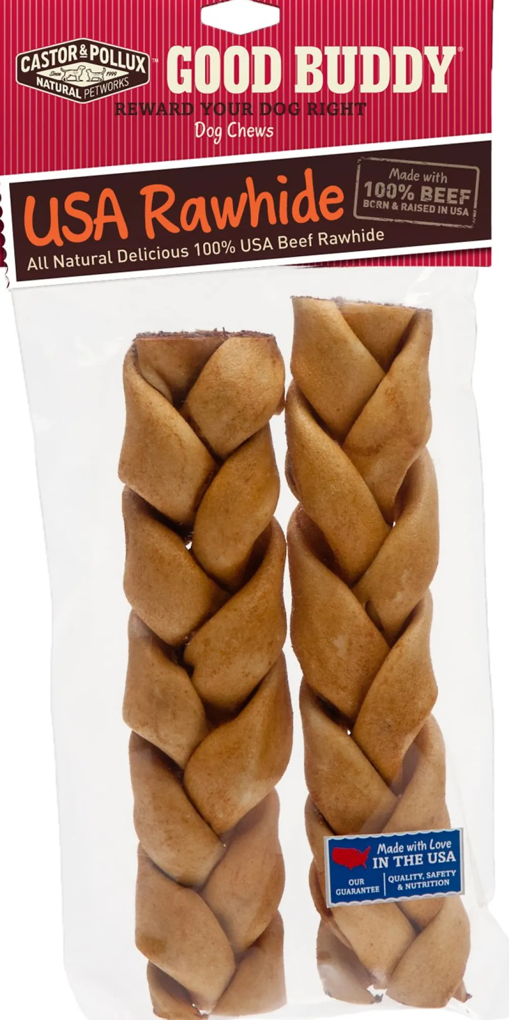 Castor & Pollux Bully Sticks & Natural Chews^Good Buddy USA Rawhide Braids Dog Treats, 2 x 7" braids