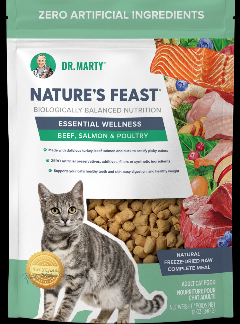Dr. Marty Freeze-Dried Food^Nature's Feast Essential Wellness Beef, Salmon & Poultry Freeze-Dried Cat Food, 12-oz