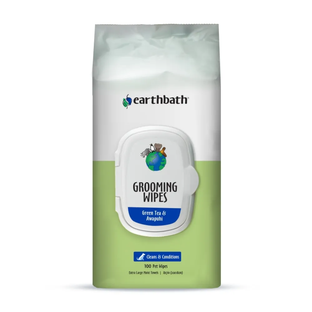 Earthbath Grooming | Grooming^Grooming Wipes for Dogs & Cats, Green Tea & Awapuhi, 100-count