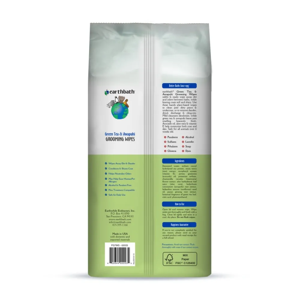 Earthbath Grooming | Grooming^Grooming Wipes for Dogs & Cats, Green Tea & Awapuhi, 100-count