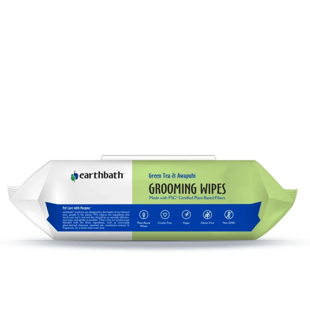 Earthbath Grooming | Grooming^Grooming Wipes for Dogs & Cats, Green Tea & Awapuhi, 100-count