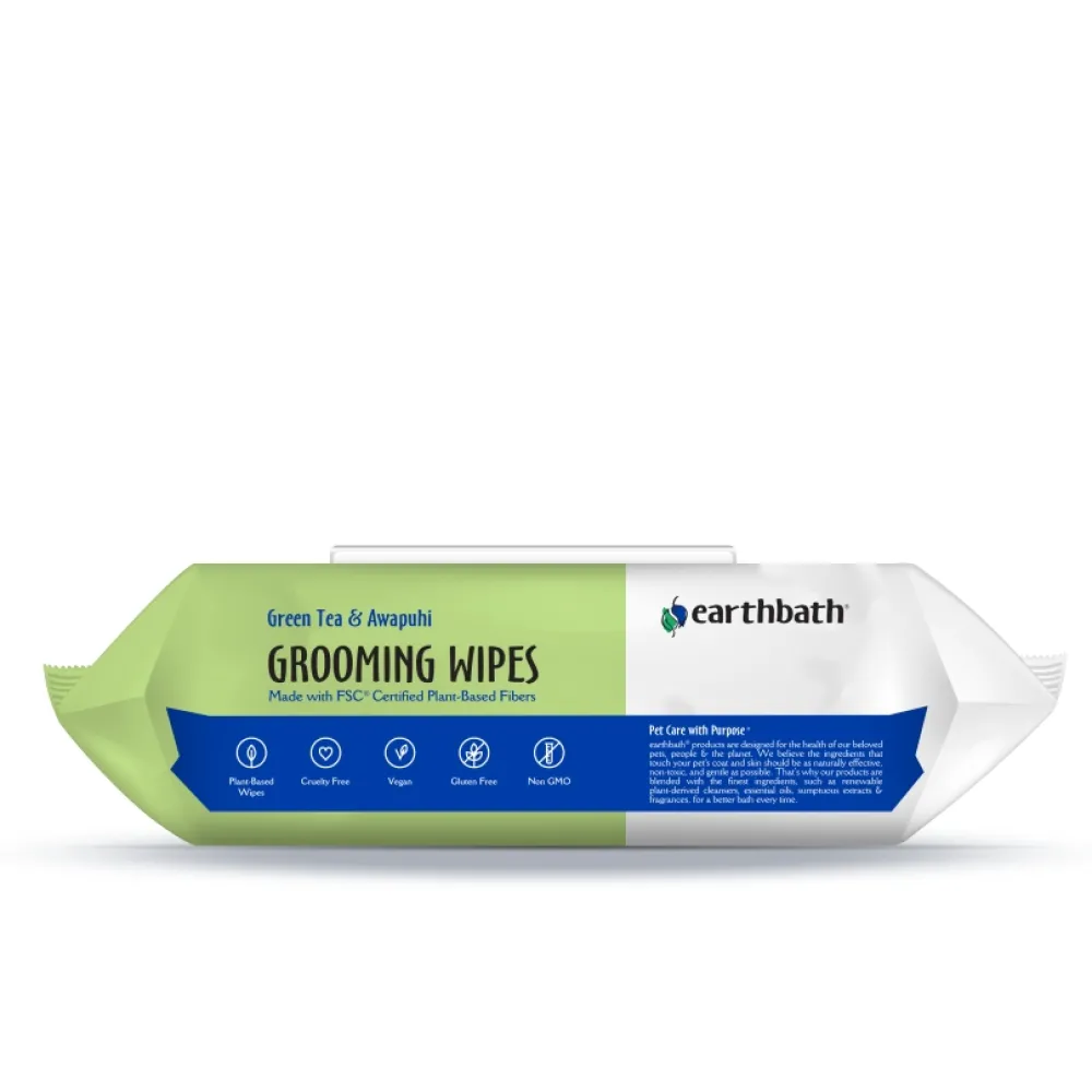 Earthbath Grooming | Grooming^Grooming Wipes for Dogs & Cats, Green Tea & Awapuhi, 100-count