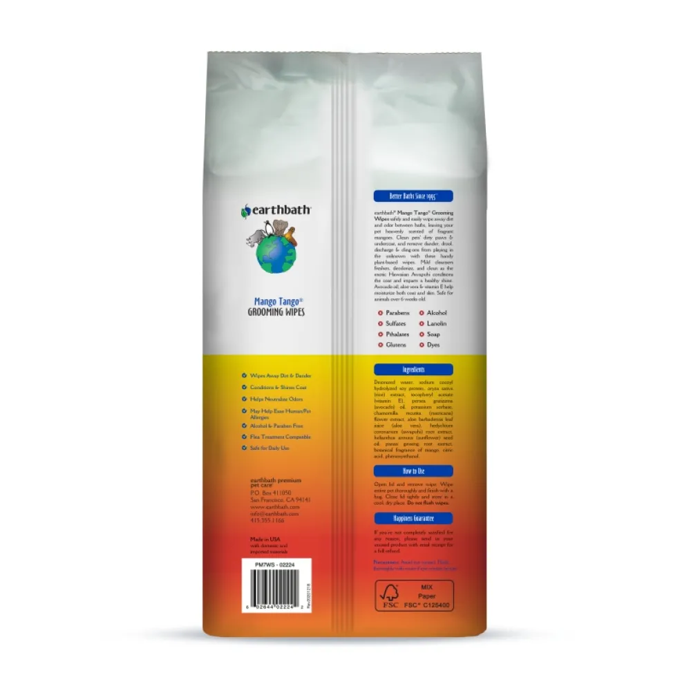 Earthbath Grooming | Grooming^Grooming Wipes for Dogs & Cats, Mango Tango, 100-count