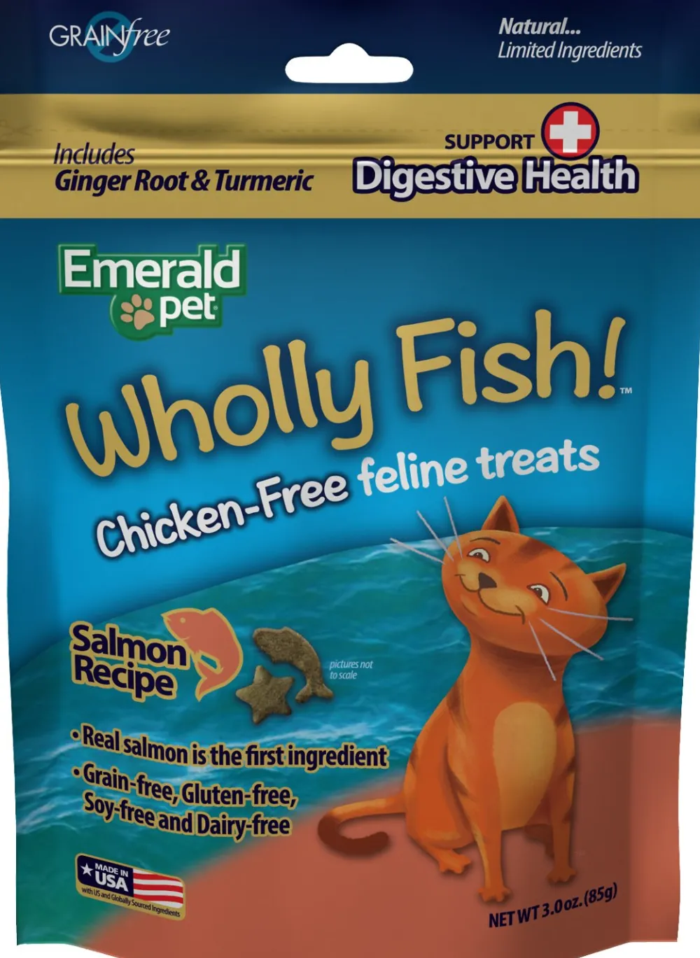 Emerald Pet Crunchy Treats^Wholly Fish! Digestive Health Salmon Recipe Cat Treats, 3-oz