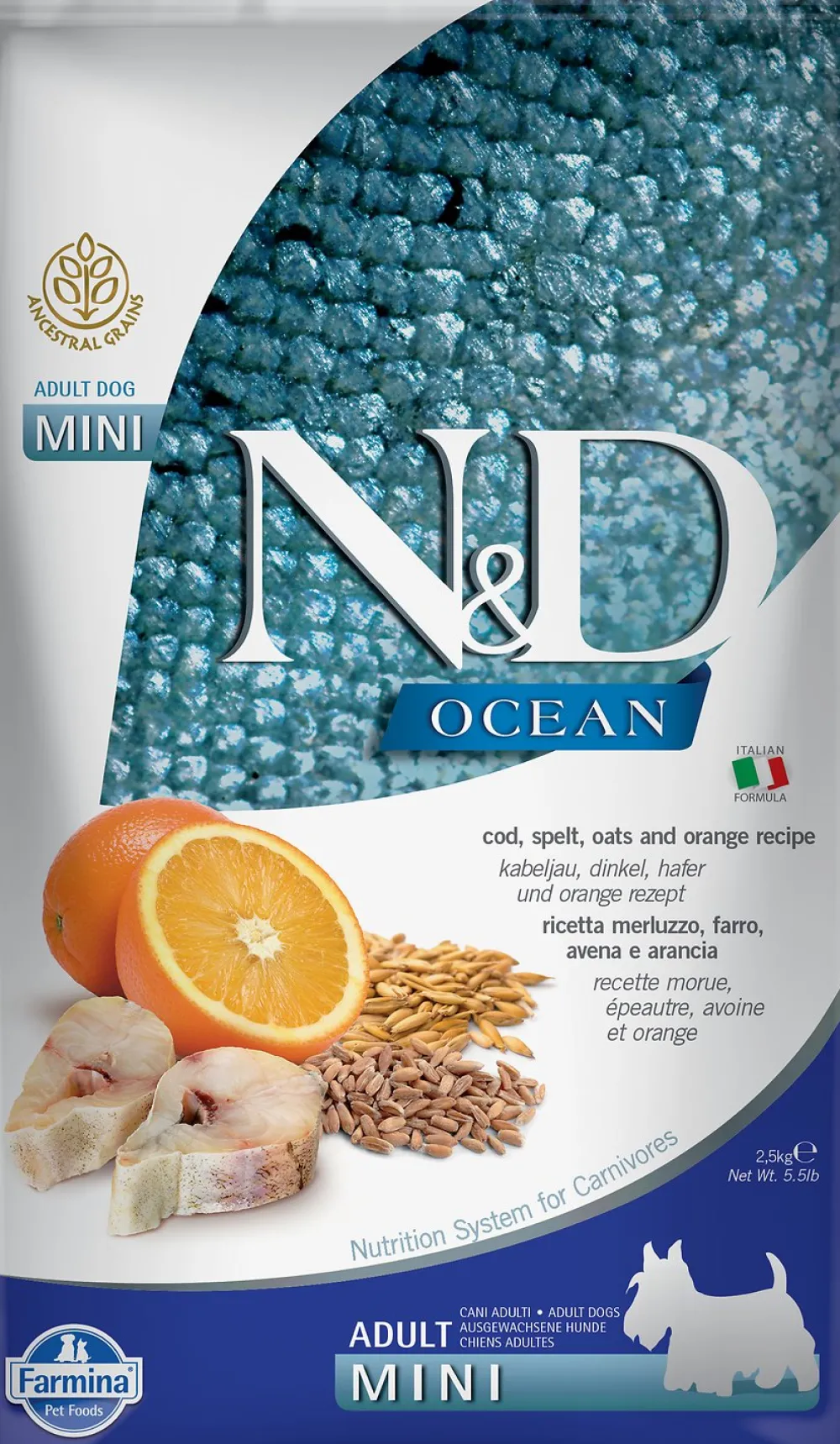 Farmina Dry Food^N&D Ocean Cod, Spelt, Oats & Orange Mini Adult Dry Dog Food, 5.5-lb