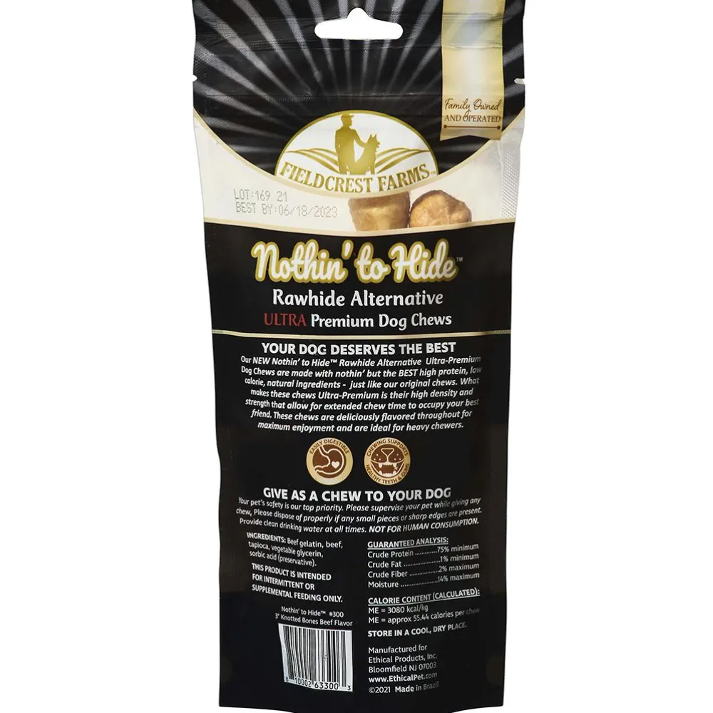 Fieldcrest Farms Bully Sticks & Natural Chews^Nothin' to Hide Ultra Knotted Bones Beef Pack Dog Treats, 3-in, 12-pk