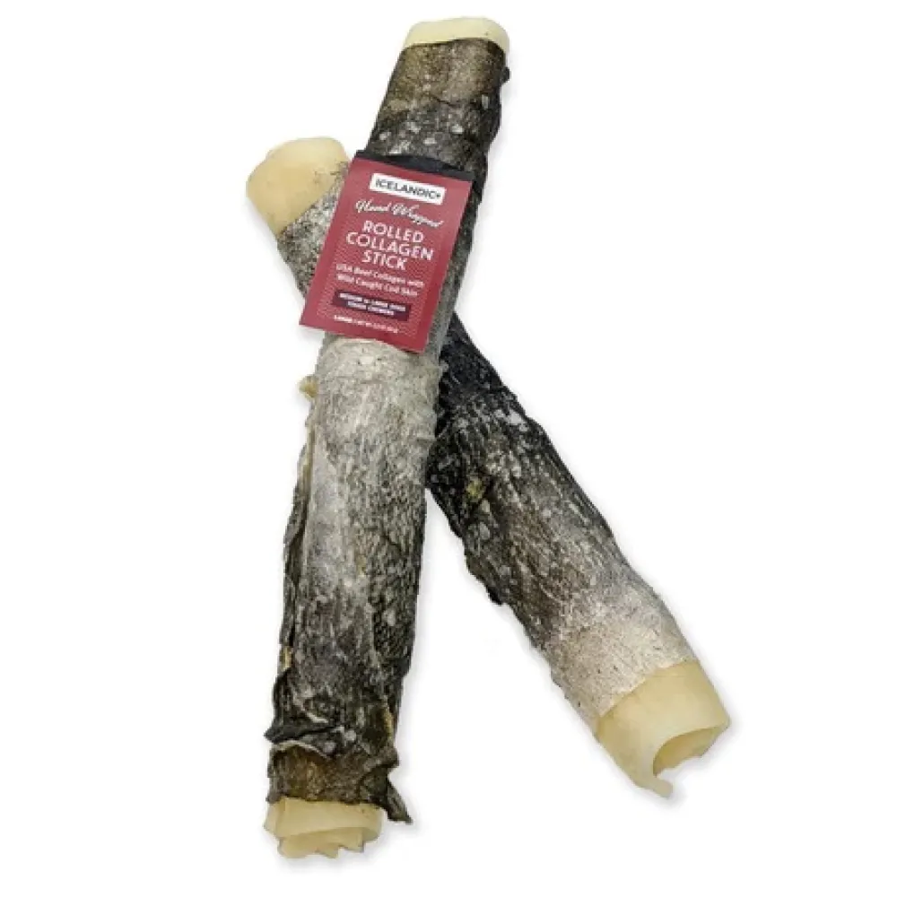 Icelandic+ Dental & Hard Chews^Beef Rolled Collagen Stick with Cod Skin Dog Treat, 8-in, 1-count [DISPLAY]