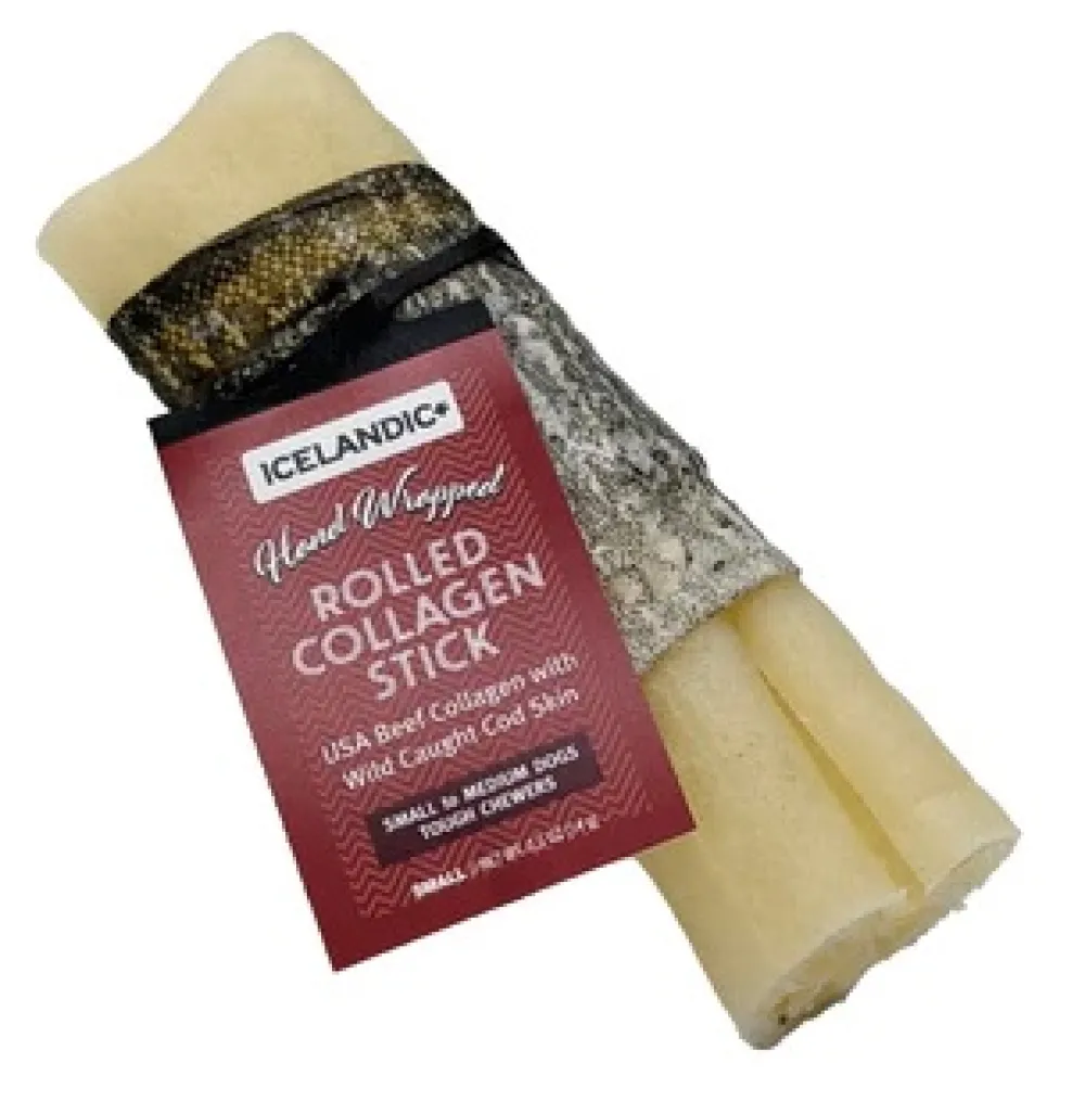 Icelandic+ Dental & Hard Chews^Beef Rolled Collagen Stick with Cod Skin Dog Treat, 4-in, 1-count [DISPLAY]