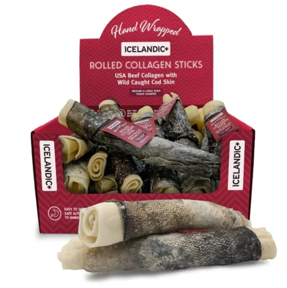 Icelandic+ Dental & Hard Chews^Beef Rolled Collagen Stick with Cod Skin Dog Treat, 8-in, 1-count [DISPLAY]