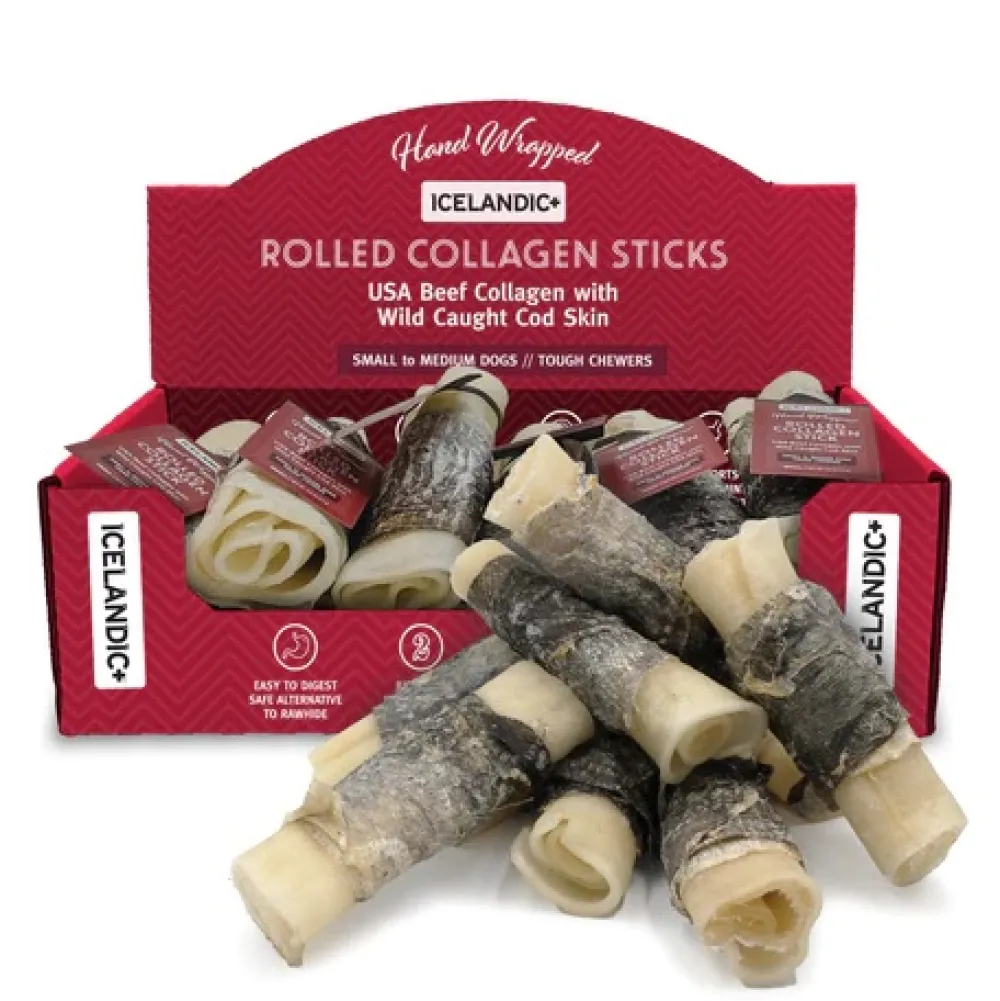 Icelandic+ Dental & Hard Chews^Beef Rolled Collagen Stick with Cod Skin Dog Treat, 4-in, 1-count [DISPLAY]