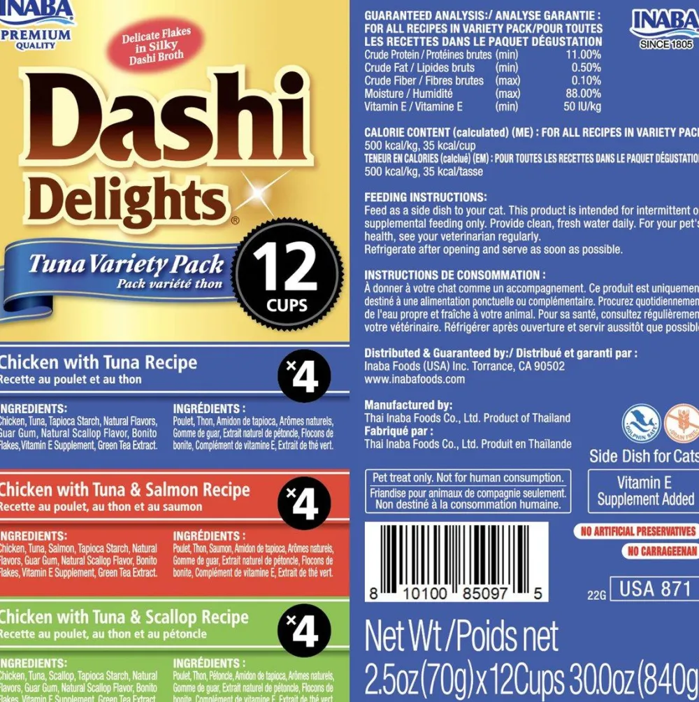 Inaba Food Toppings^Dashi Delights Tuna Variety Pack Cat Food Topper & Treats, 30-oz, 12-pk