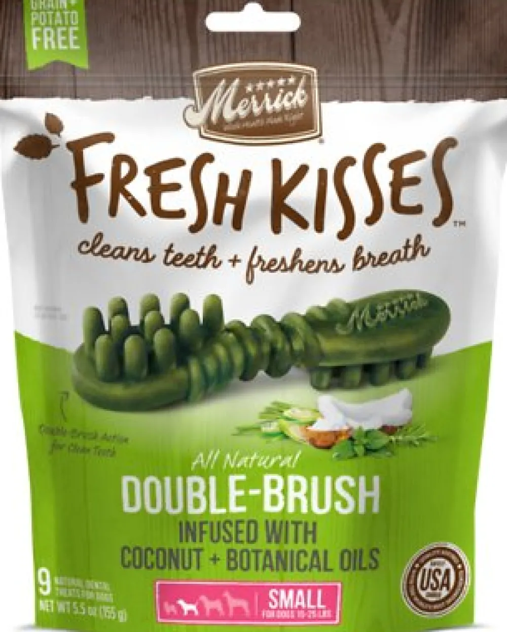 Merrick Dental & Hard Chews^Fresh Kisses Double-Brush Coconut Oil & Botanicals Small Grain-Free Dental Dog Treats, 9 count