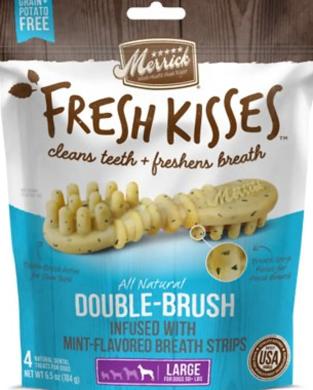Merrick Dental & Hard Chews^Fresh Kisses Double-Brush Mint Breath Strips Large Grain-Free Dental Dog Treats, 4 count