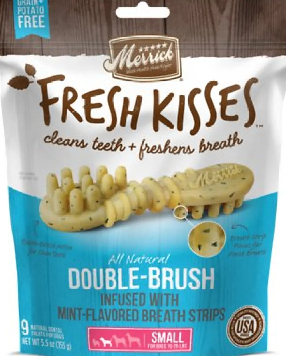 Merrick Dental & Hard Chews^Fresh Kisses Double-Brush Mint Breath Strips Small Grain-Free Dental Dog Treats, 9-count