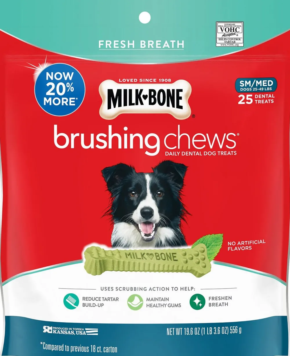 Milk-Bone Dental & Hard Chews^Fresh Breath Brushing Chews Daily Dental Dog Treats, Small/Medium, 25-count