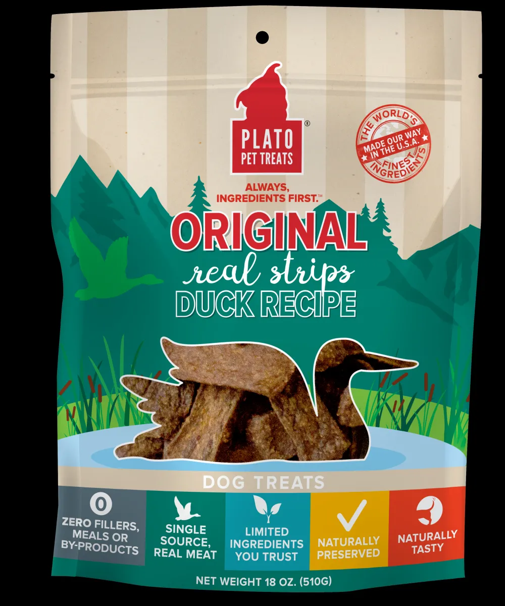 Plato Pet Treats Biscuits & Crunchy Treats^Plato Original Real Strips Duck Recipe Dog Treats, 18-oz