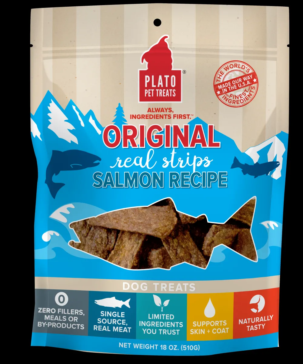 Plato Pet Treats Biscuits & Crunchy Treats^Plato Original Real Strips Salmon Recipe Dog Treats, 18-oz