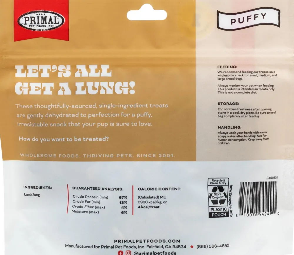 Primal Pet Foods Air-Dried & Dehydrated Treats^Primal Let's All Get A Lung Lamb Dog Treats, 1.5-oz
