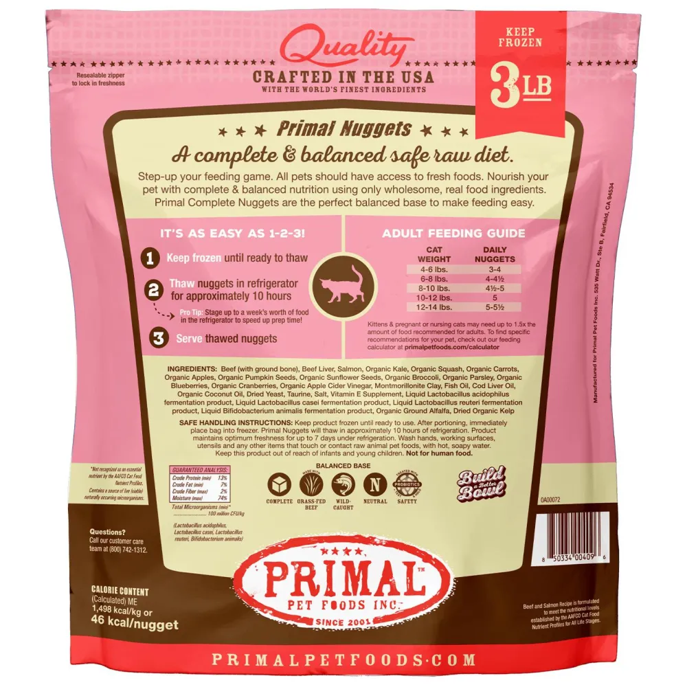 Primal Pet Foods Frozen Food^Primal Raw Frozen Nuggets Beef & Salmon Formula Cat Food, 3-lb