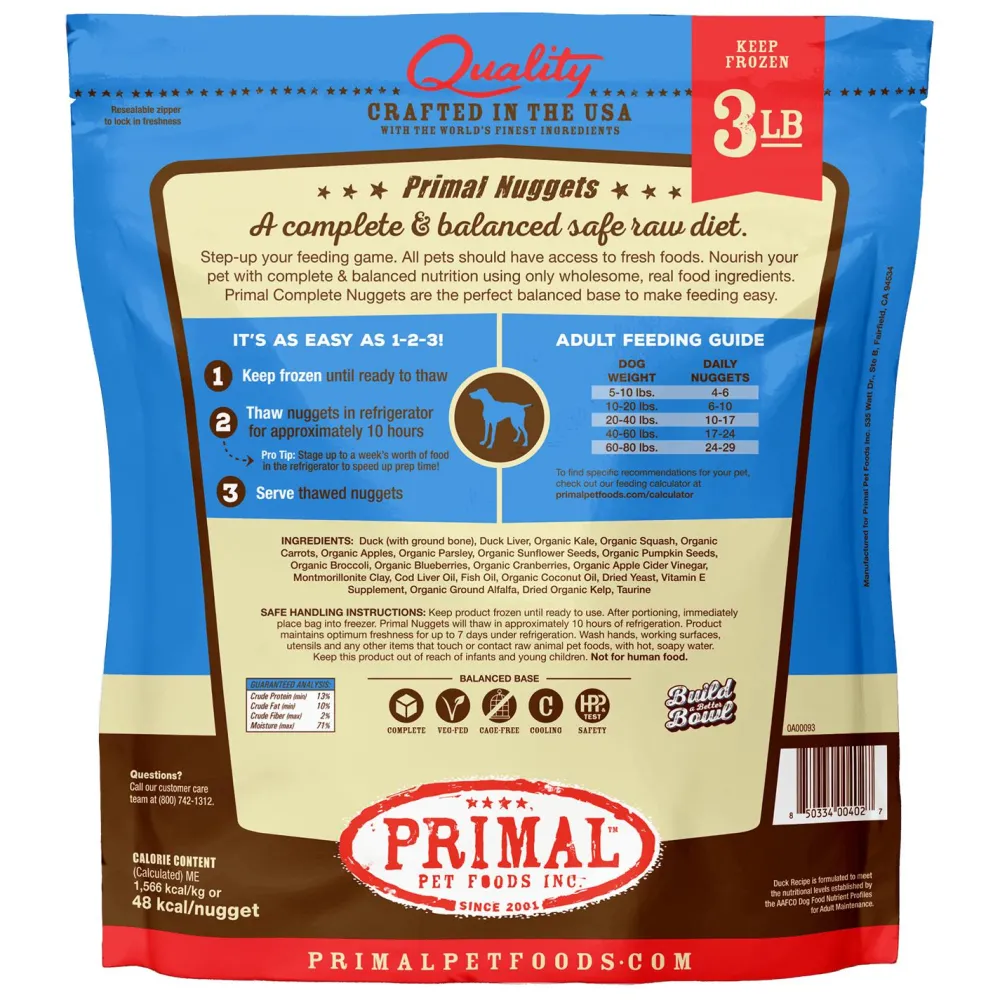 Primal Pet Foods Frozen Food^Primal Raw Frozen Nuggets Duck Formula Dog Food, 3-lb