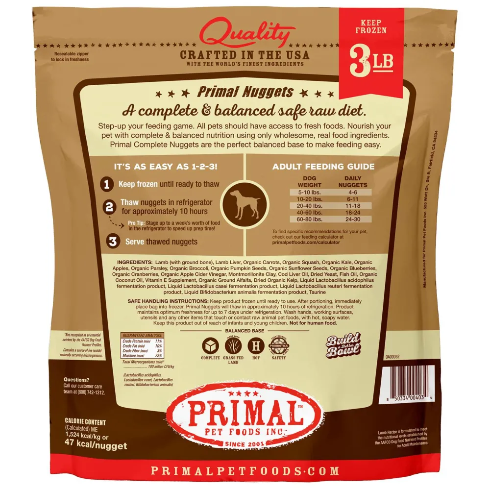 Primal Pet Foods Frozen Food^Primal Raw Frozen Nuggets Lamb Formula Dog Food, 3-lb
