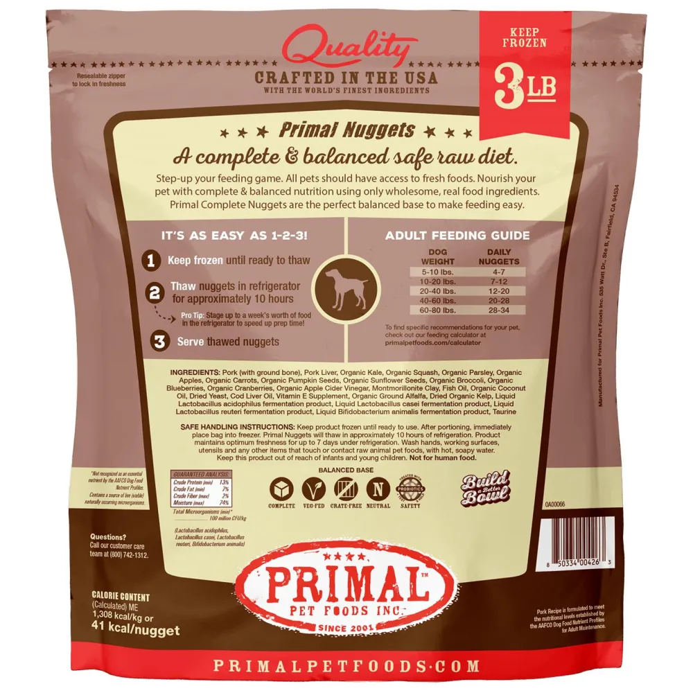 Primal Pet Foods Frozen Food^Primal Raw Frozen Nuggets Pork Formula Dog Food, 3-lb