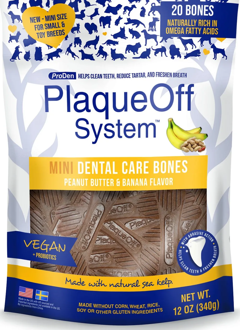 Proden Plaqueoff Dental & Hard Chews^System Mini Dental Care Bones Peanut Butter & Banana Dog Treats, 12-oz