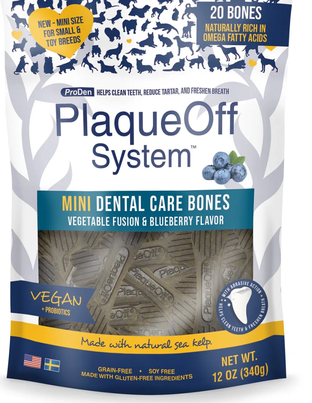 Proden Plaqueoff Dental & Hard Chews^System Mini Dental Care Bones Vegetable Fusion & Blueberry Dog Treats, 12-oz