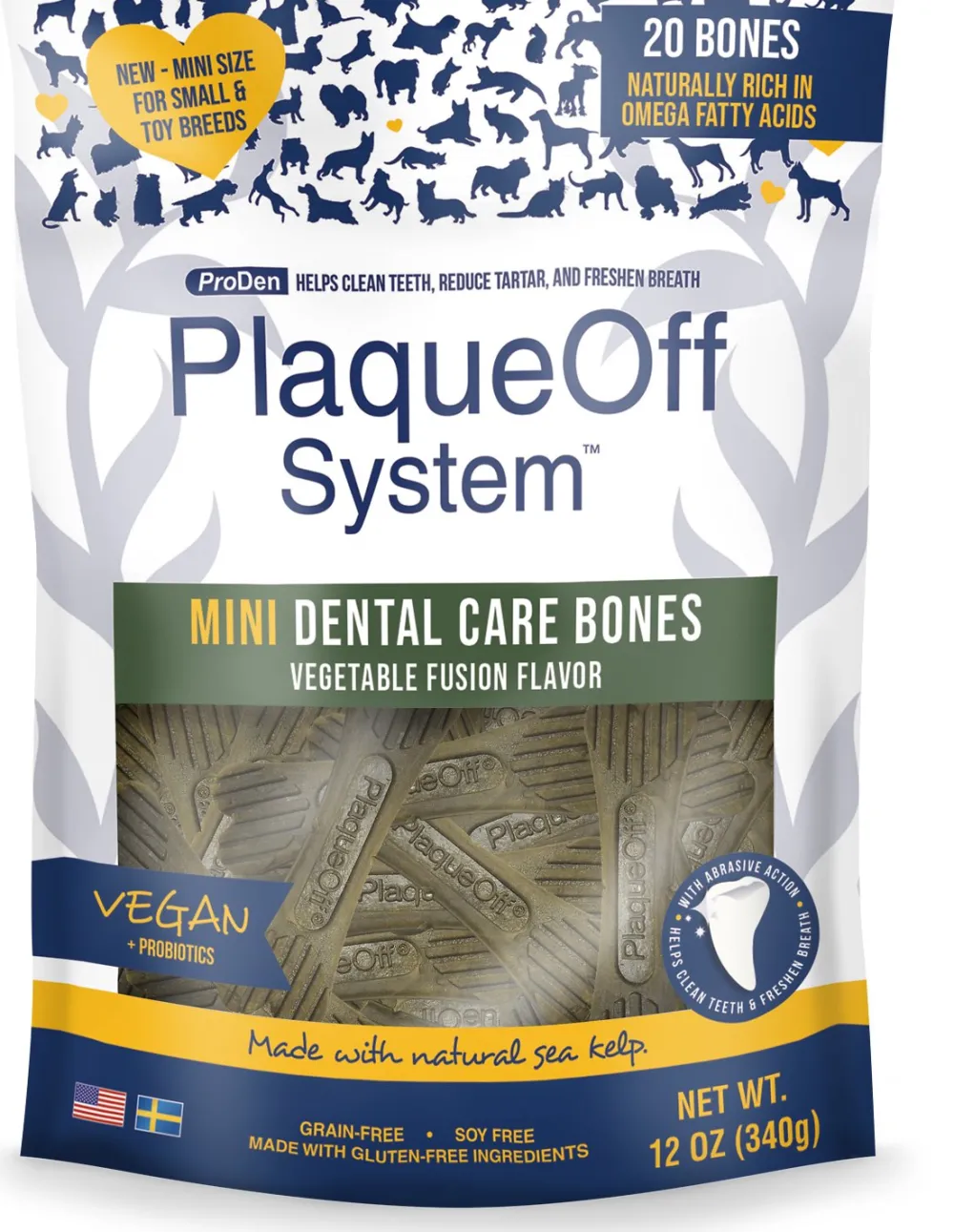 Proden Plaqueoff Dental & Hard Chews^System Mini Dental Care Bones Vegetable Fusion Dog Treats, 20-count