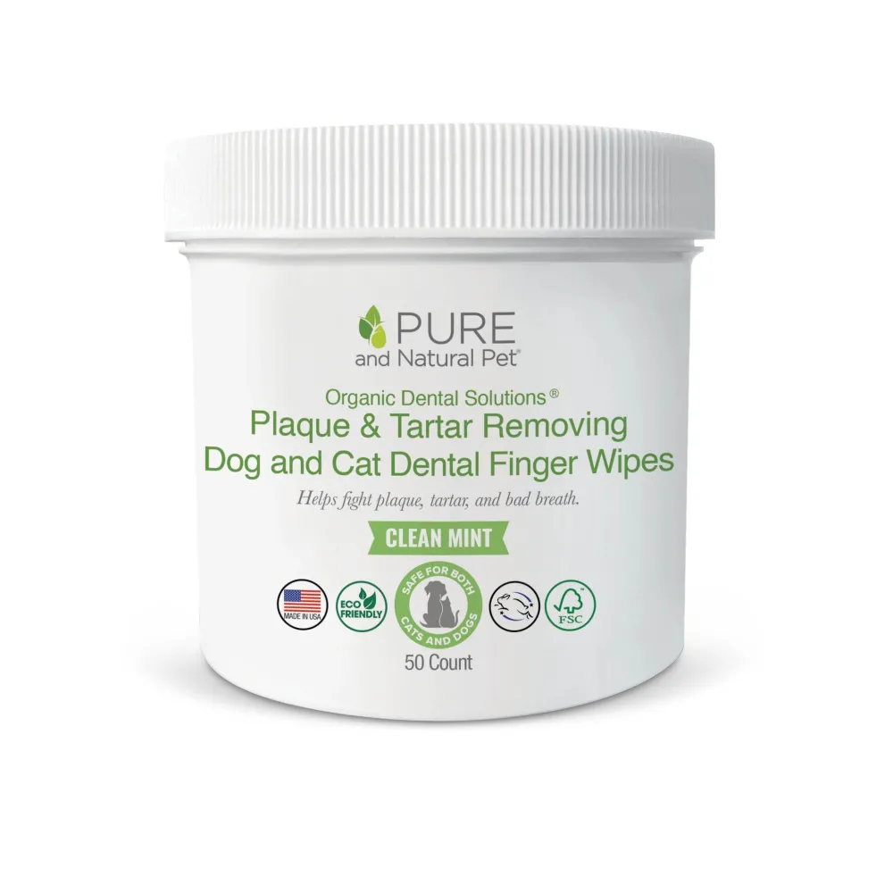 Pure And Natural Pet Dental Care | Dental Care^Organic Dental Solutions Plaque & Tartar Removing Dental Finger Wipes for Pets, 50-count