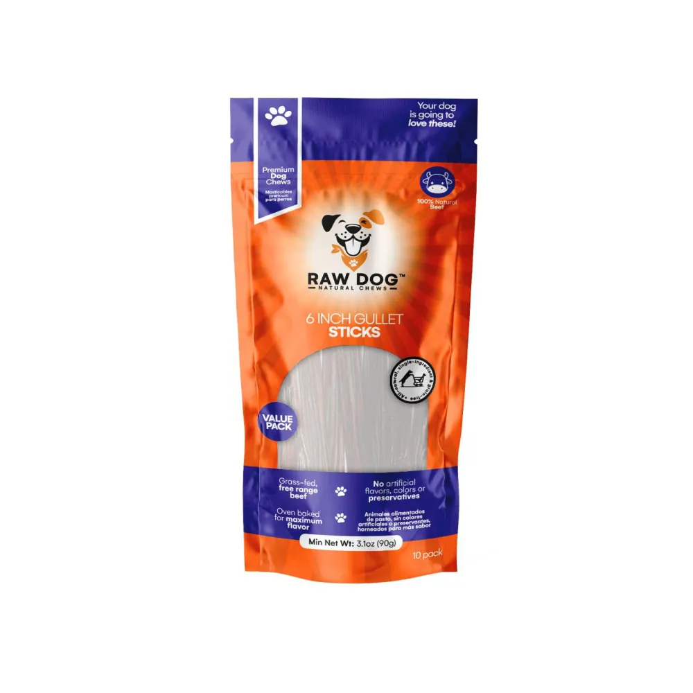 Raw Dog Natural Chews Bully Sticks & Natural Chews^Beef Gullet Sticks Value Pack Dog Treats, 6-in, 10-pk