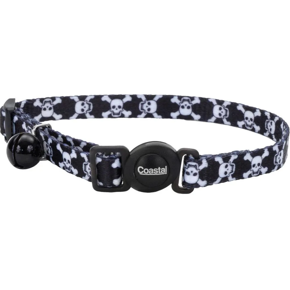 Safe Cat By Coastal Leashes & Collars | Leashes & Collars^Safe Cat Fashion Adjustable Breakaway Cat Collar, Black Skulls, 3/8-in x 8-12-in