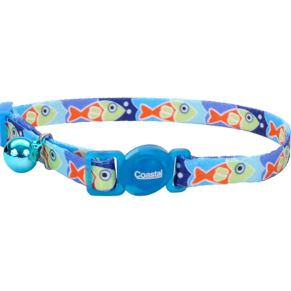 Safe Cat By Coastal Leashes & Collars | Leashes & Collars^Safe Cat Fashion Adjustable Breakaway Cat Collar, Blue Fish, 3/8-in x 8-12-in