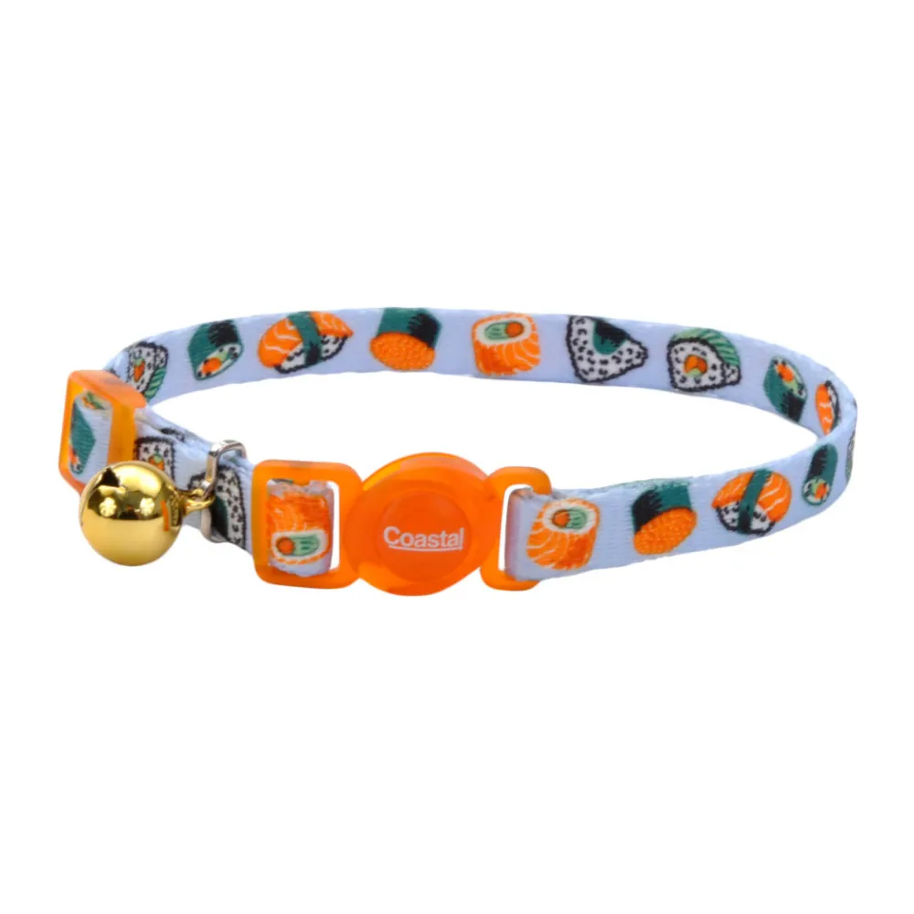 Safe Cat By Coastal Leashes & Collars | Leashes & Collars^Safe Cat Fashion Adjustable Breakaway Collar, Sushi on Blue, 3/8-in x 8-in-12-in