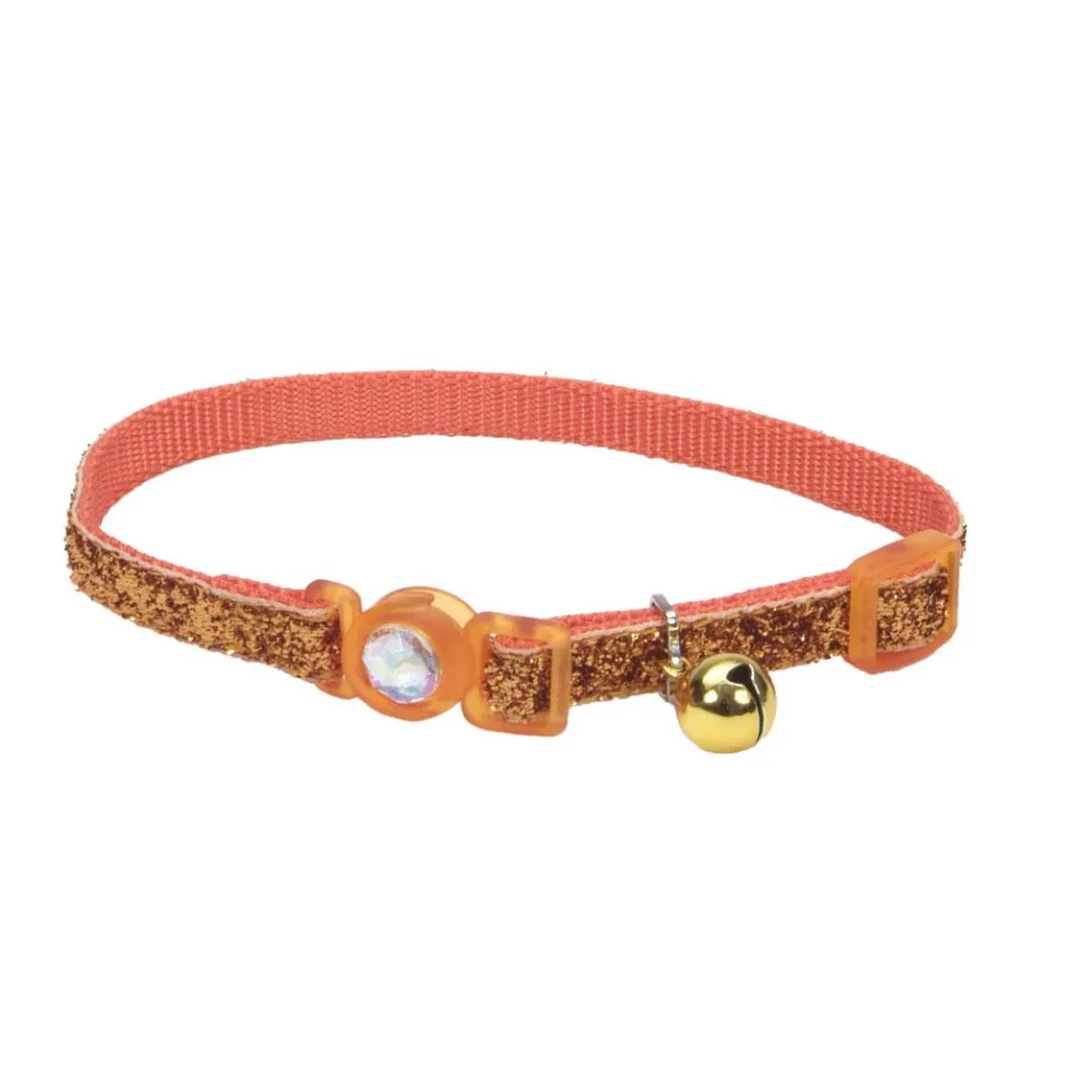 Safe Cat By Coastal Leashes & Collars | Leashes & Collars^Safe Cat Jeweled Buckle Adjustable Breakaway Collar with Glitter Overlay for Cats, Sunset Orange, 3/8-in x 8-12-in