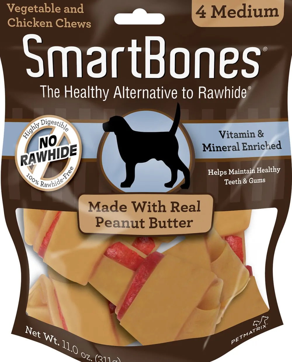 Smartbones Dental & Hard Chews^Medium Peanut Butter Chew Bones Dog Treats, 4 pack
