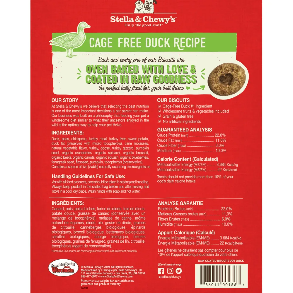 Stella & Chewy's Biscuits & Crunchy Treats^Raw Coated Biscuits Cage-Free Duck Recipe Dog Treats, 9-oz