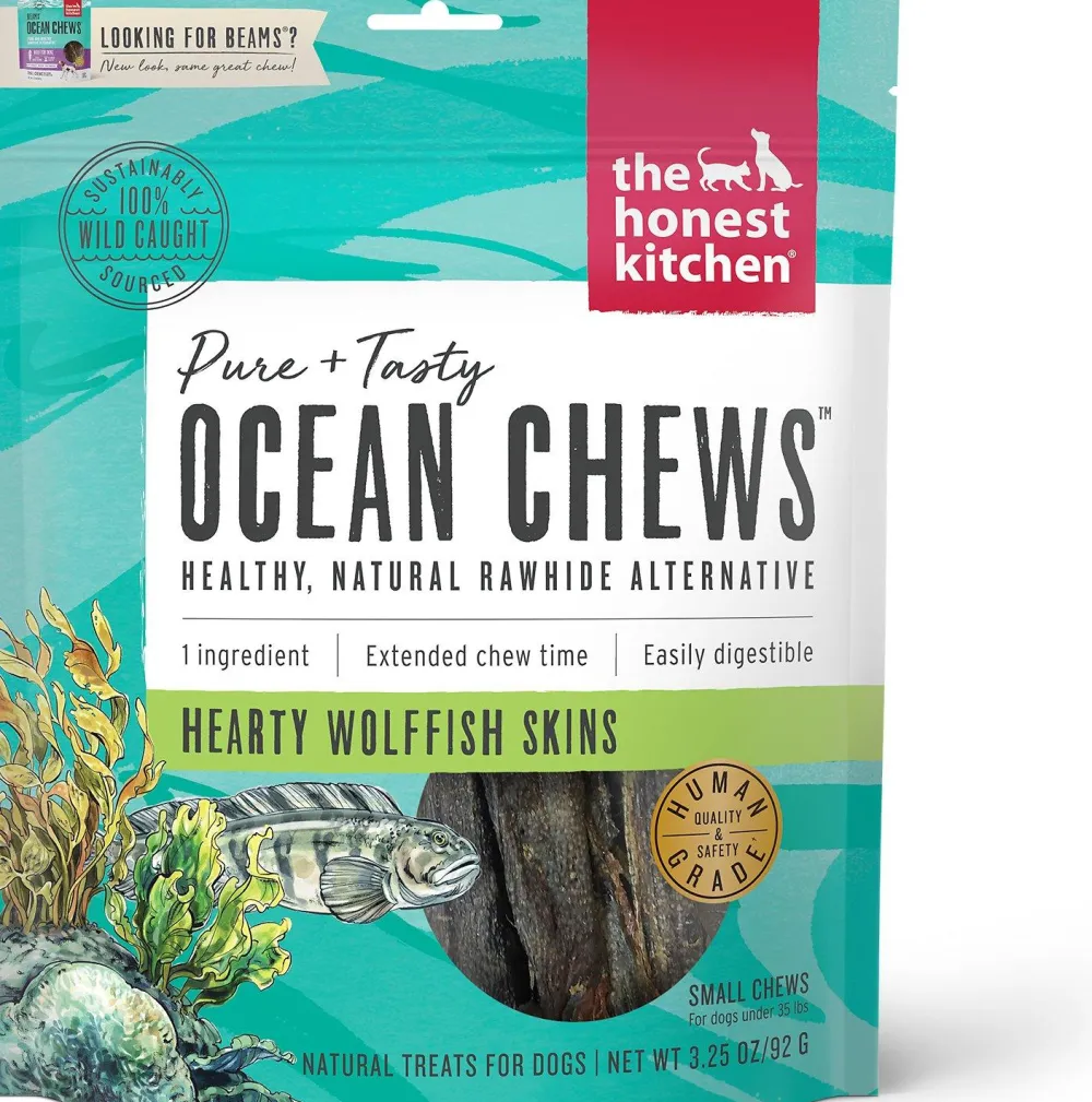 The Honest Kitchen Air-Dried & Dehydrated Treats^Beams Ocean Chews Wolfish Skins Dehydrated Dog Treats, Small, 3.25-oz