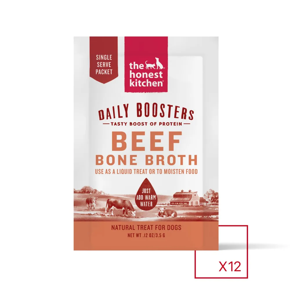 The Honest Kitchen Air-Dried & Dehydrated Treats | Food Toppings^Daily Boosters Instant Beef Bone Broth with Tumeric for Dogs, 0.12-oz
