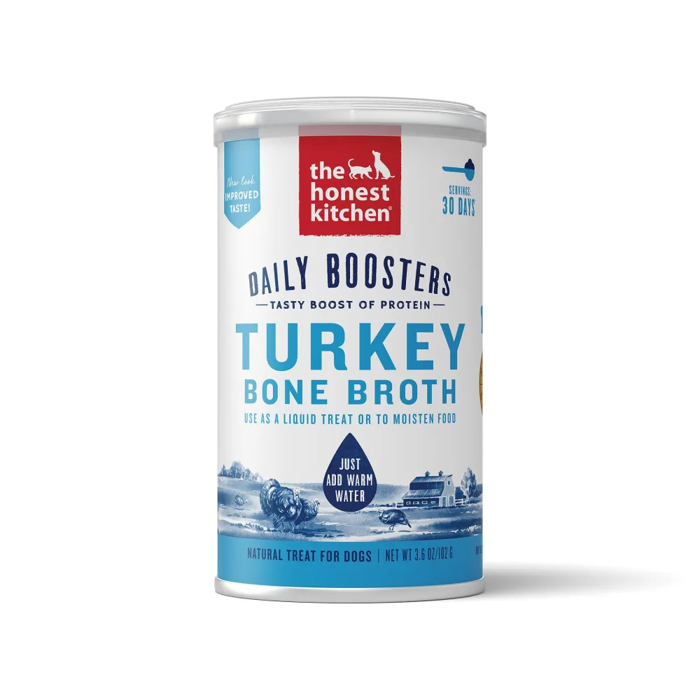 The Honest Kitchen Air-Dried & Dehydrated Treats | Food Toppings^Daily Boosters Instant Turkey Bone Broth with Turmeric for Dogs, 3.6-oz
