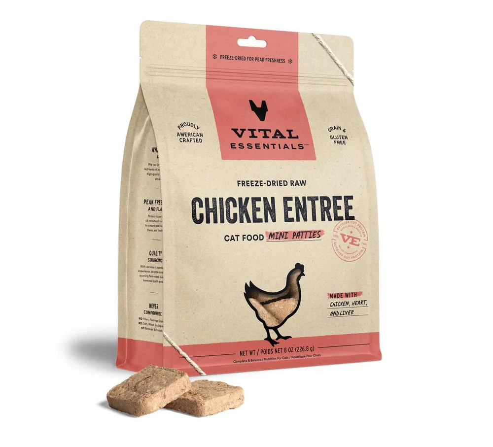 Vital Essentials Freeze-Dried Food^Chicken Entree Mini Patties Freeze-Dried Raw Cat Food, 8-oz