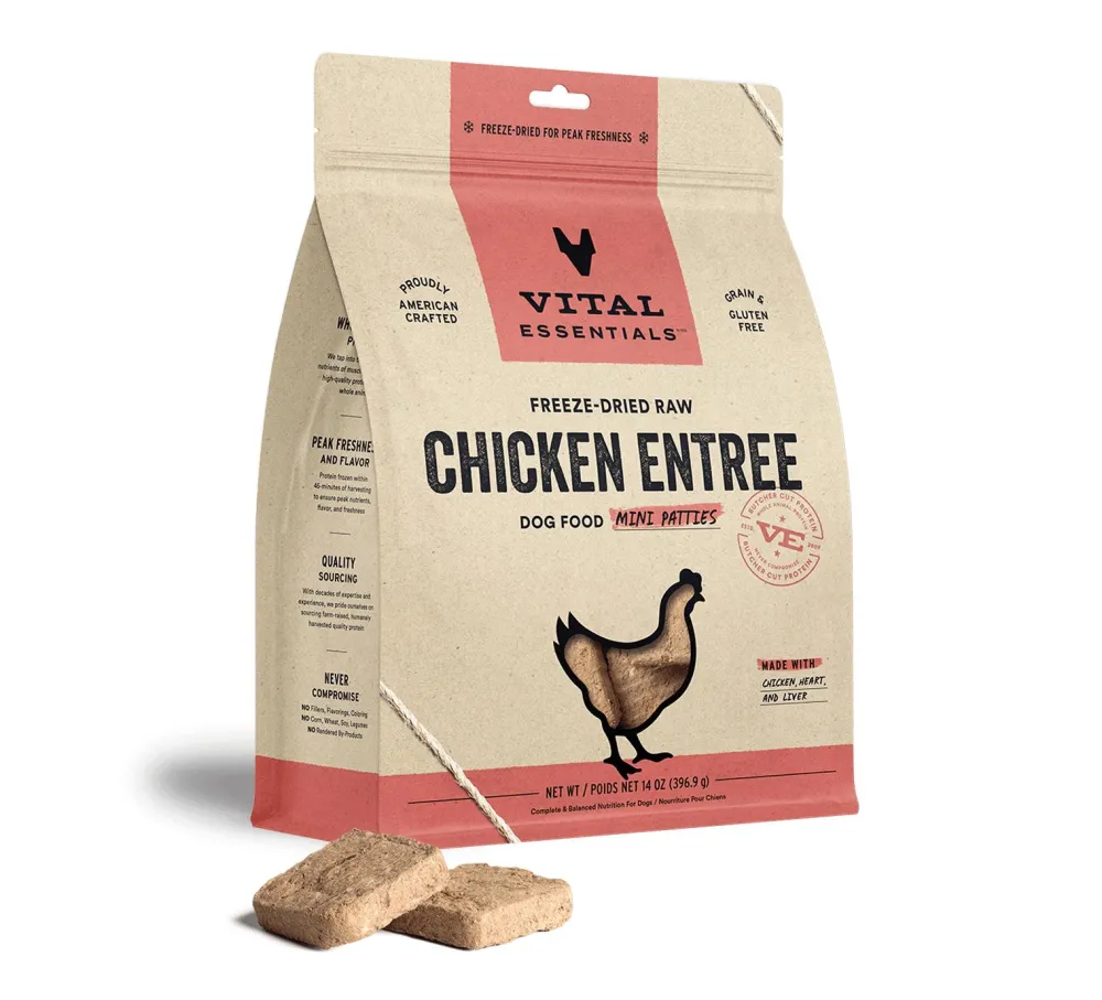 Vital Essentials Freeze-Dried Food^Chicken Entree Mini Patties Freeze-Dried Raw Dog Food, 14-oz