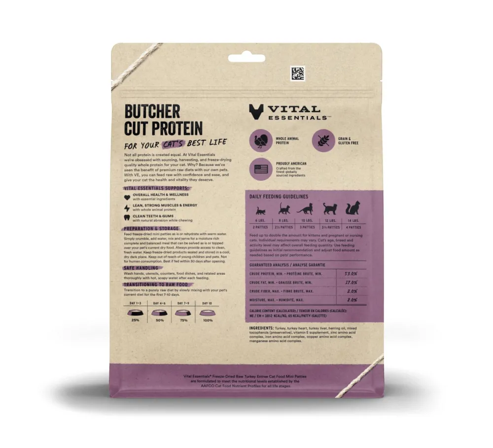 Vital Essentials Freeze-Dried Food^Turkey Entree Mini Patties Freeze-Dried Raw Cat Food, 8-oz