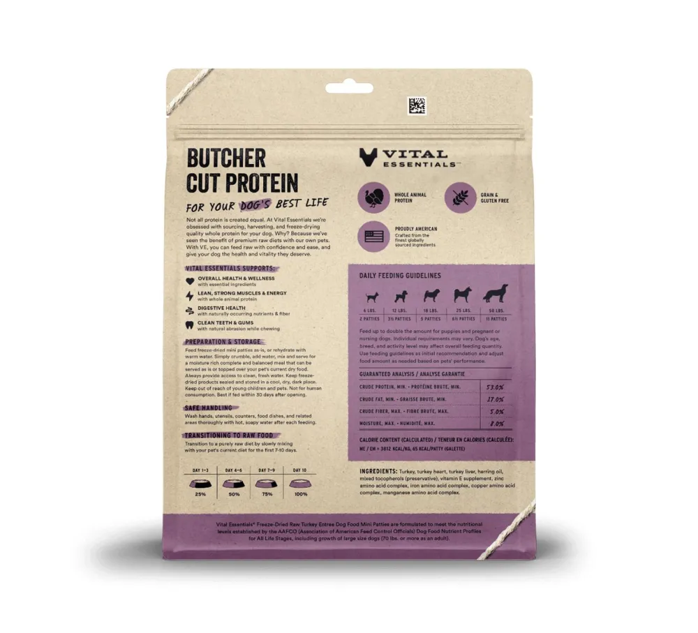 Vital Essentials Freeze-Dried Food^Turkey Entree Mini Patties Freeze-Dried Raw Dog Food, 14-oz